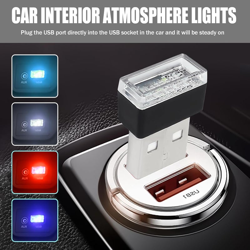 Hbxdeco 4 PCS USB LED Car Interior Atmosphere Lamp, Portable Mini Auto LED Decor Night Light, Plug-in USB Interface Ambient Lighting Kit, Universal Car Interior Accessories(White+Blue+Red+Ice Blue) - Image 2